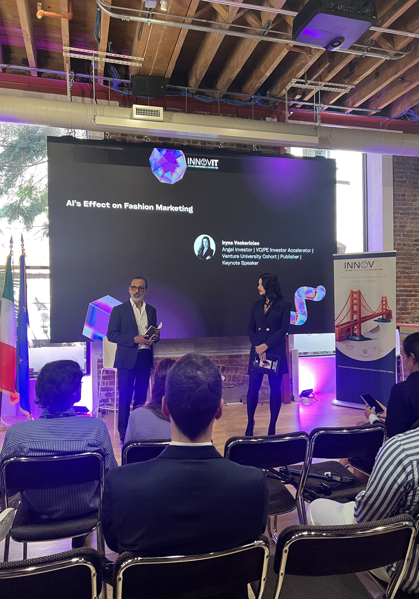 Photo of Iryna Voskerician being introduced at Innvoit's Fashion, Beauty Tech Demo Day