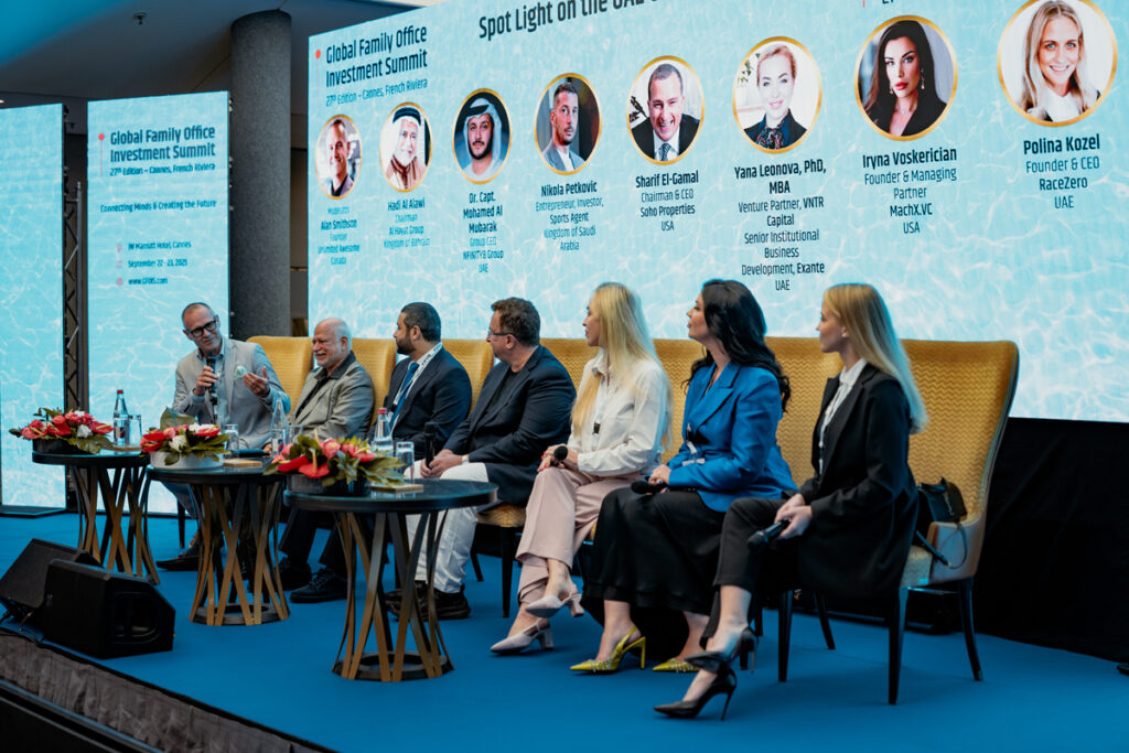 Photo of Mach X's Iryna Voskerician, Polina Kozel, Yana Leonova and Speakers at The Global Family Office Investment Summit's 27th Edition in Cannes, French Riviera September 22-23, 2025